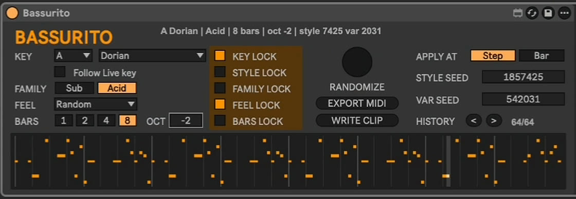 Screenshot of the real Bassurito device in Ableton Live: Key and scale, Family (Sub, Acid), Feel and Bars controls, key, style, family, feel and bars locks, Randomize, Export MIDI and Write Clip buttons, style and variation seeds, history, and a piano roll of the current bassline.